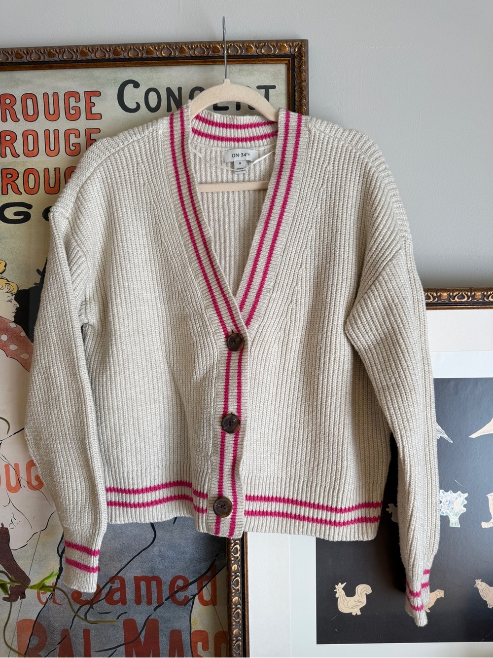 Cream Knit Cardigan with Pink Trim